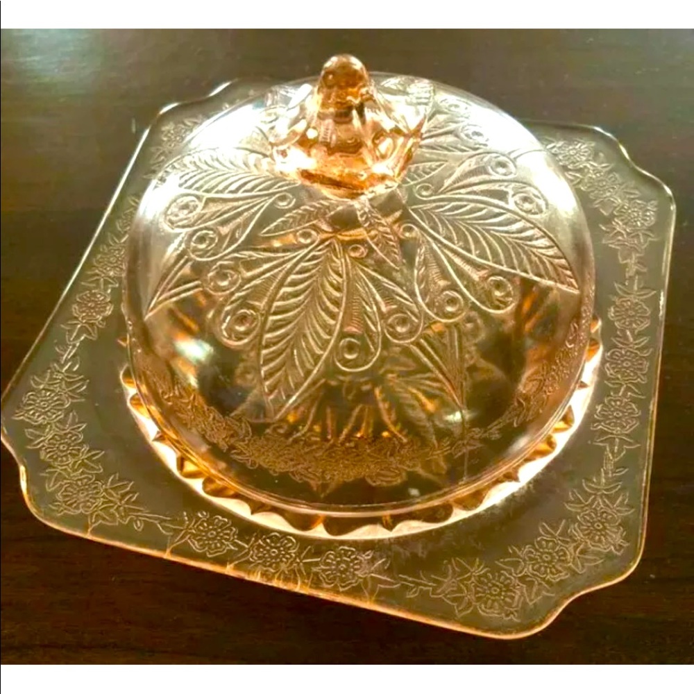 1932-1934 Antique Pink Depression Butter Dish with Lid Rare Square Plate